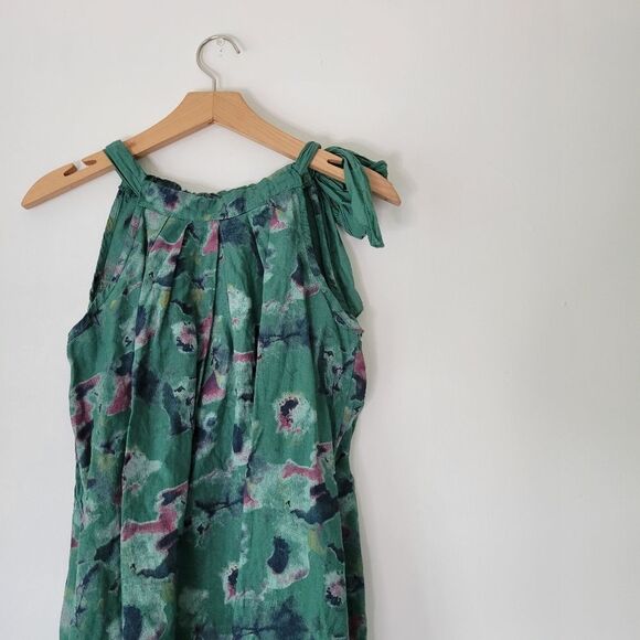 Italian New Mode SRL 100% Linen Green Abstract Mini Dress Adjustable S - Picture 2 of 7